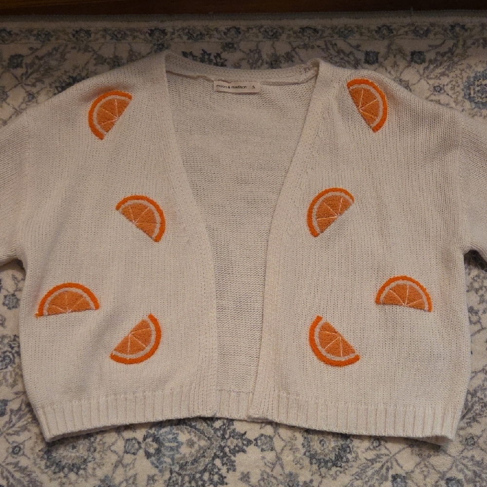 citrus print, embroidered cardigan, cropped